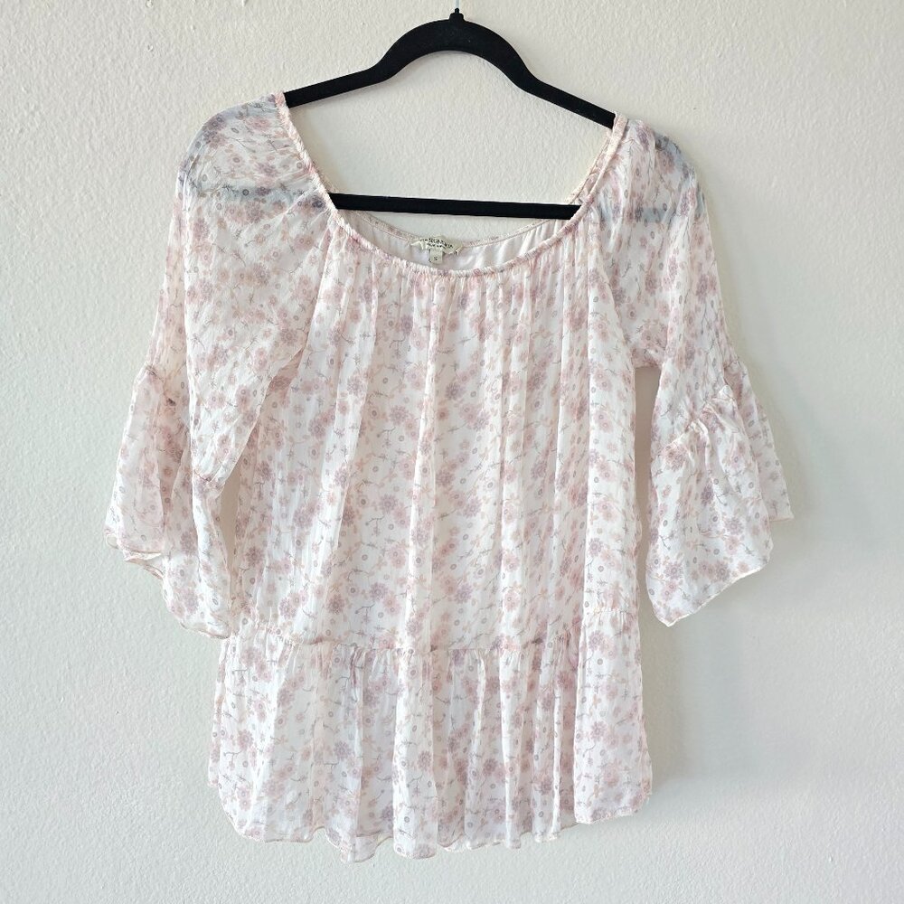 Via Signoria Silk Blouse Top Shirt Floral 3/4 Sleeve Boho Cottagecore Size S